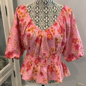 LOFT Pink and Orange Peplum Blouse with Ruffled Sleeves